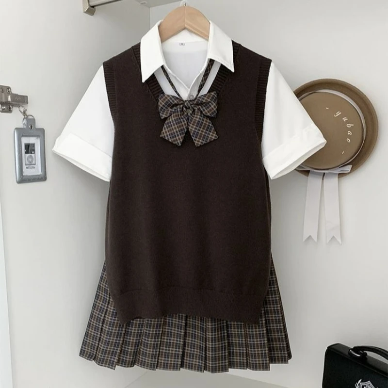 Japanese and Korean Style JK Plaid Skirt Sweater Shirt and Cardigan Set Preppy Autumn Layered Three-piece Set COS Female Student
