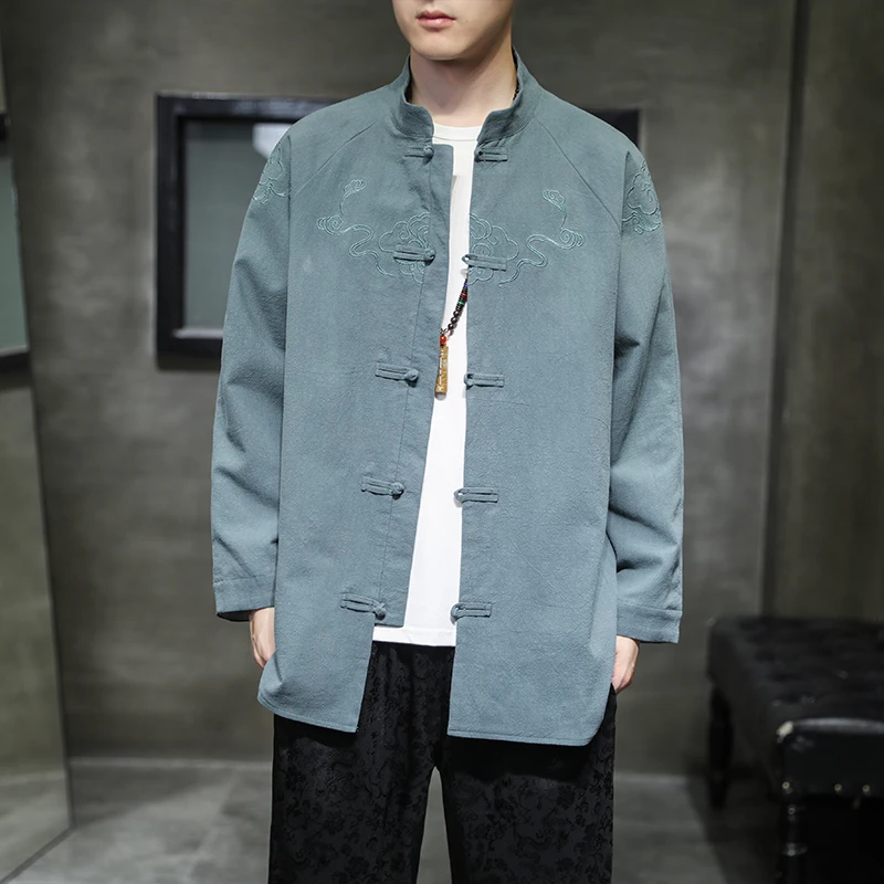 

Молодежное льняное джинсовое пальто с китайской вышивкой, мужское весенне-осеннее новое модное брендовое повседневное длинное пальто с пуговицами све