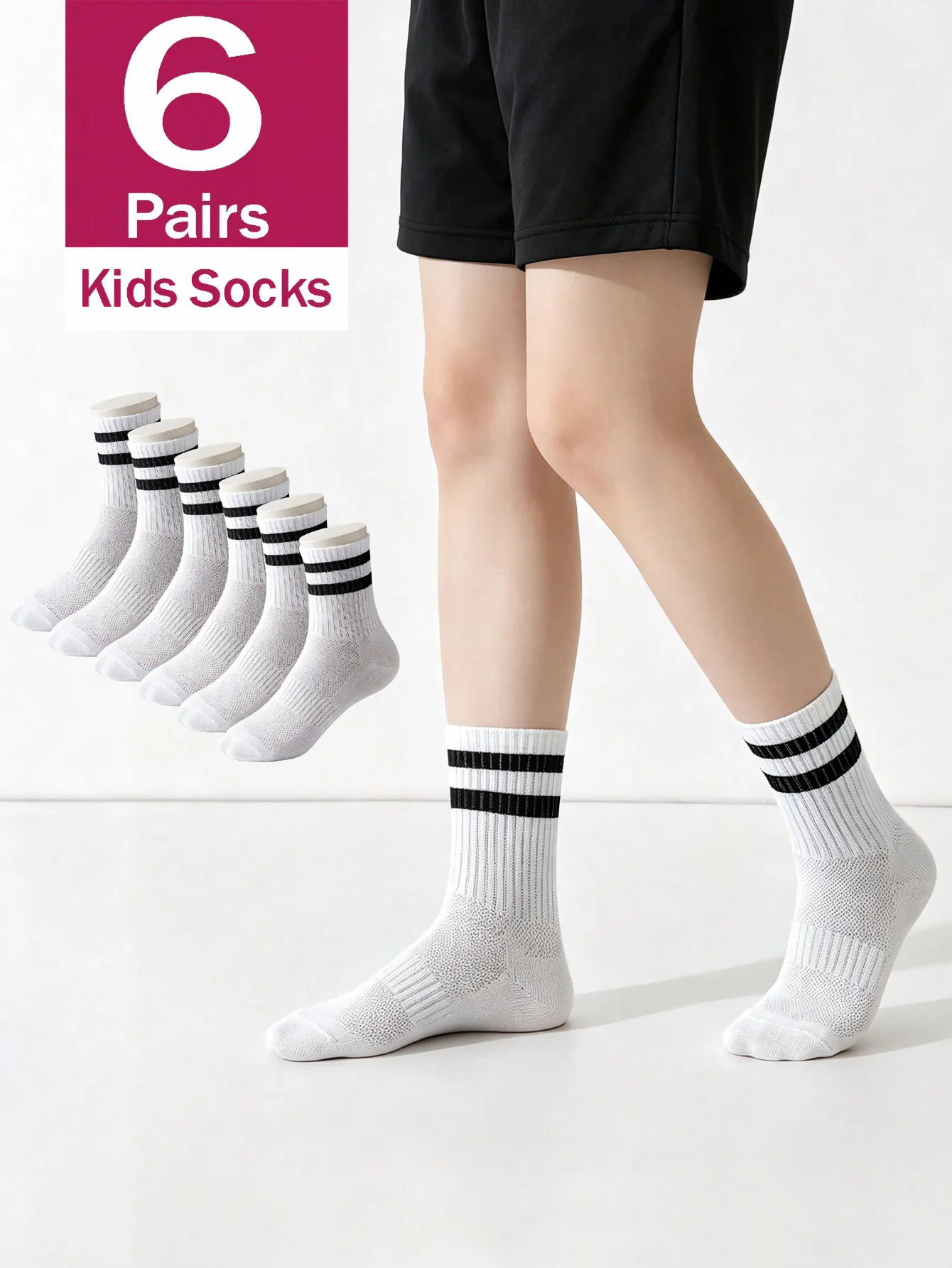 6 Pairs Kids Striped Crew Socks Mesh Breathable Sports Student Socks Durable Casual Socks Boys Girls 2-14Y All Season Daily Wear