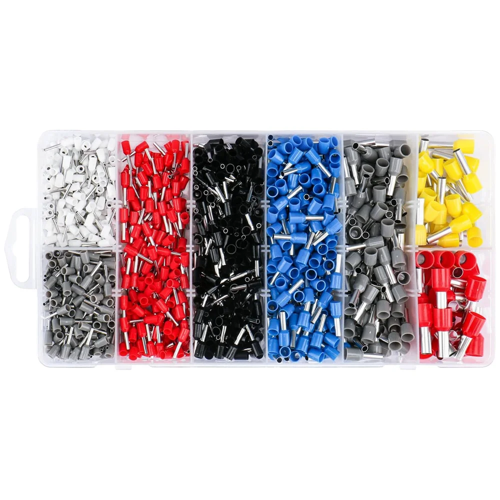 1250pcs Wire Copper Crimp Connector Kit AWG 22/20/18/16/14/12/10/8 Assorted Insulated Ferrule Pin Cord End Terminal Set White