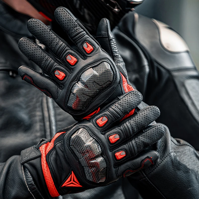 Guantes de cuero para motocicleta, protectores transpirables de dedo completo para pantalla táctil, ciclismo y Motocross