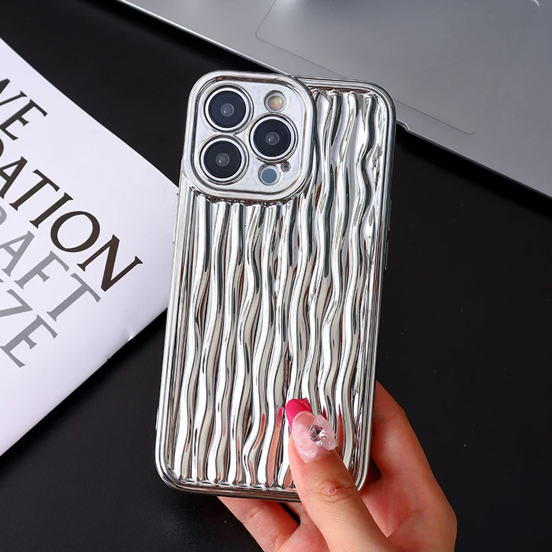 Luxury Plating Metal Color Water Ripple Case For iPhone 13 11 12 14 15 16 Pro Max XS XR X Electroplated Shockproof Bumper Cover