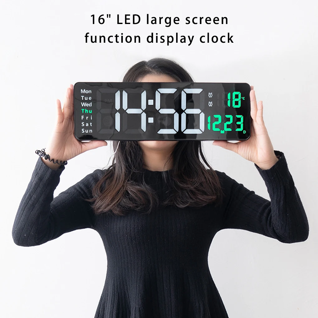 북유럽 스타일 대형 시계 디지털 LED 벽 리모컨 포함, 간단한 거실 침실 온도 시간 날짜 주 벨, 16 인치