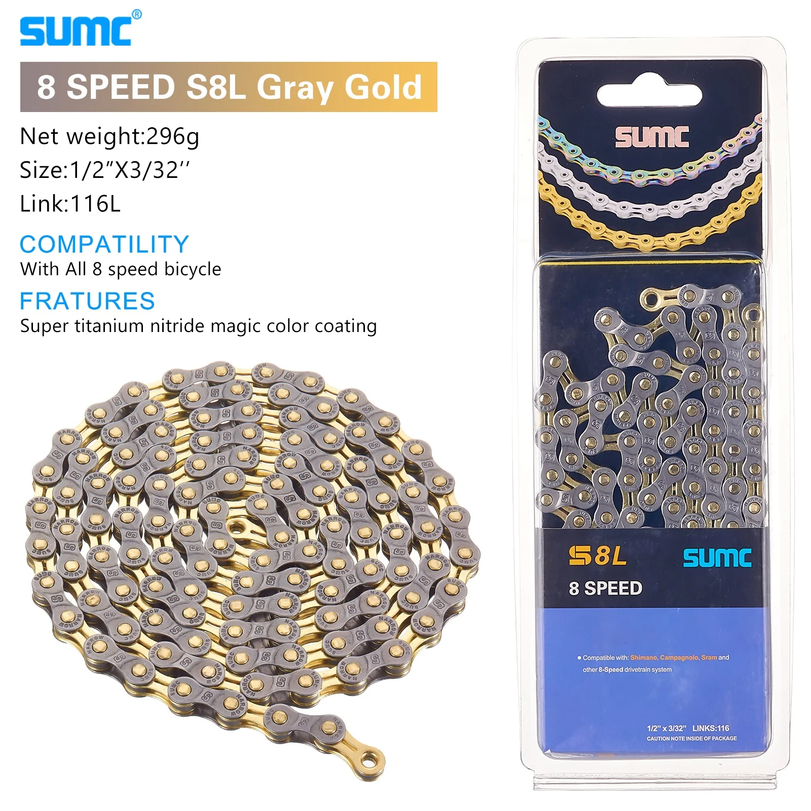 Bicycle Shifting Chain SUMC Mountain Road 8 9 10 11 12 Speed Hollow Ultra Light Gold Chain 251g with Missinglink M8000 M6000