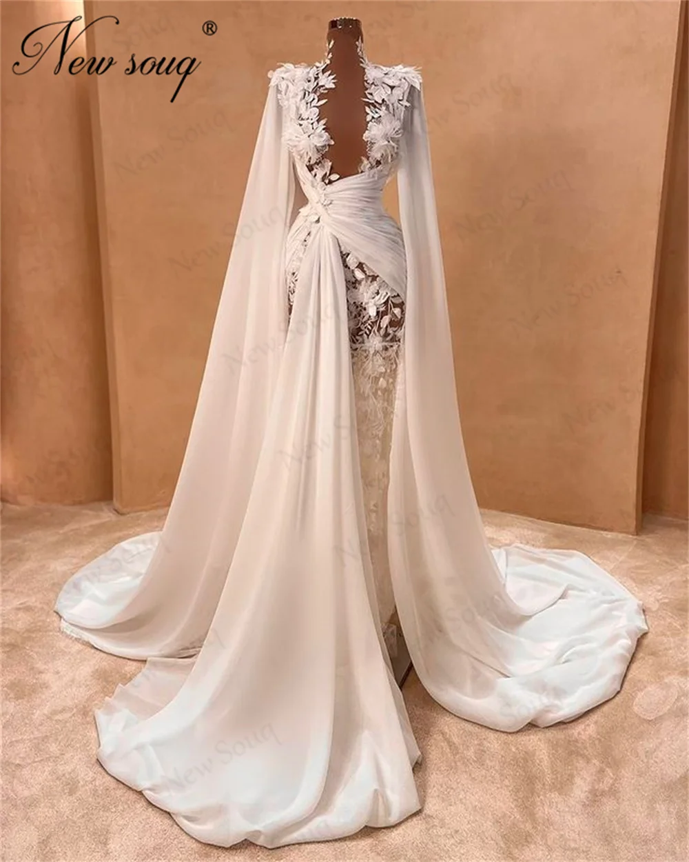 Haute Coutures White Flowers Evening Dresses With Cape Sleeves Elegant Dubai Long Satin Prom Dresses Wedding Party Gowns Robes