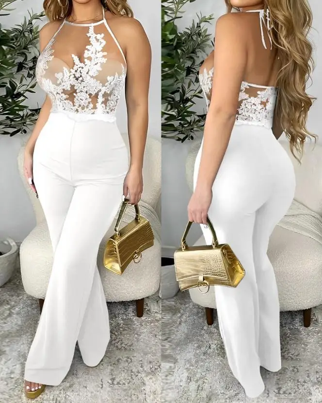 Women\'s Jumpsuit Elegant Sexy for 2024 Spring Summer Guipure Lace Spaghetti Strap Sheer Mesh Spaghetti Strap Skinny Jumpsuit