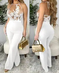 Women's Jumpsuit Elegant Sexy for 2024 Spring Summer Guipure Lace Spaghetti Strap Sheer Mesh Spaghetti Strap Skinny Jumpsuit