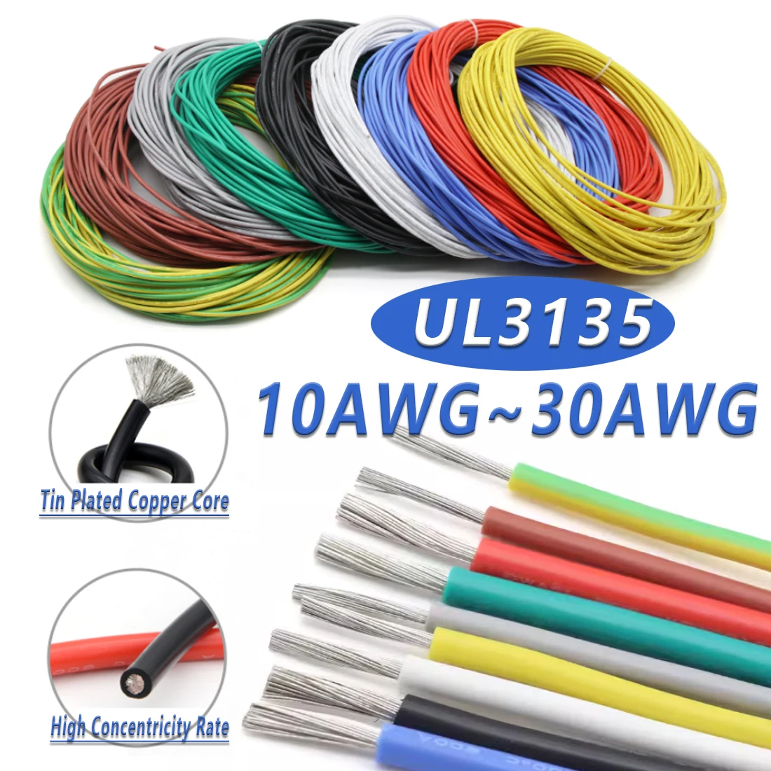 5M Copper Wire 32 30 28 26 24 22 20 18 AWG Soft Silicone Rubber Insulated Flexible UL3135 Electron LED Lamp Lighting Cable