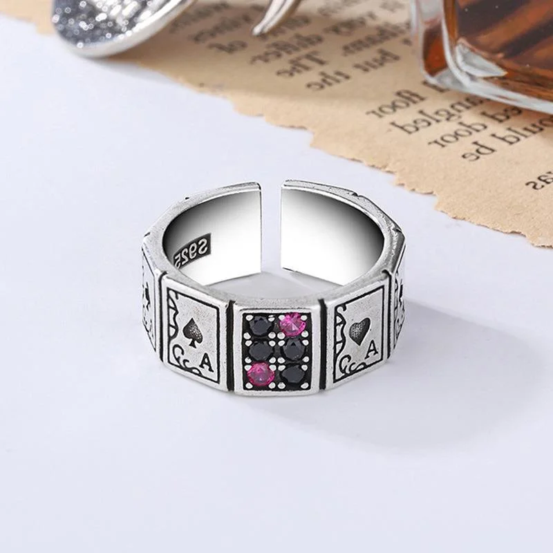 New Vintage Lucky Poker  Adjustable Open Rings For Women Men Playing Card Finger Stainless Steel Ring Fashion Party Jewelry