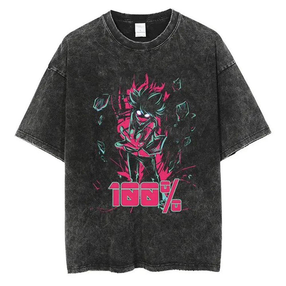 أنيمي موب النفسي 100 غسلها تي شيرت الشارع الشهير للرجال Harajuku الرسومات ريترو عادية موضة تي شيرت الصيف قصيرة الأكمام