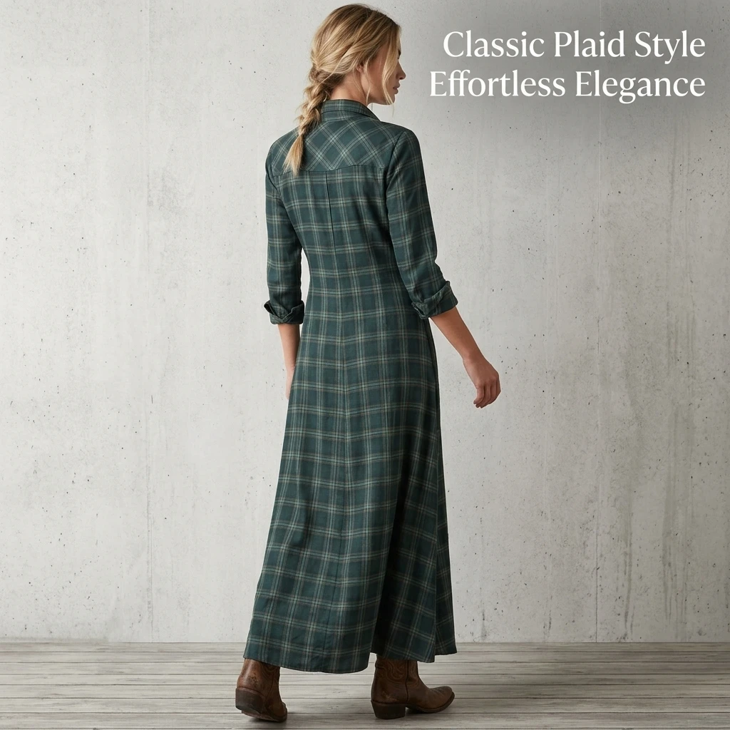 Plaid Maxi Shirt Dress for Women Long Sleeve Lapel Collar Button Down Vintage Casual Long Dress