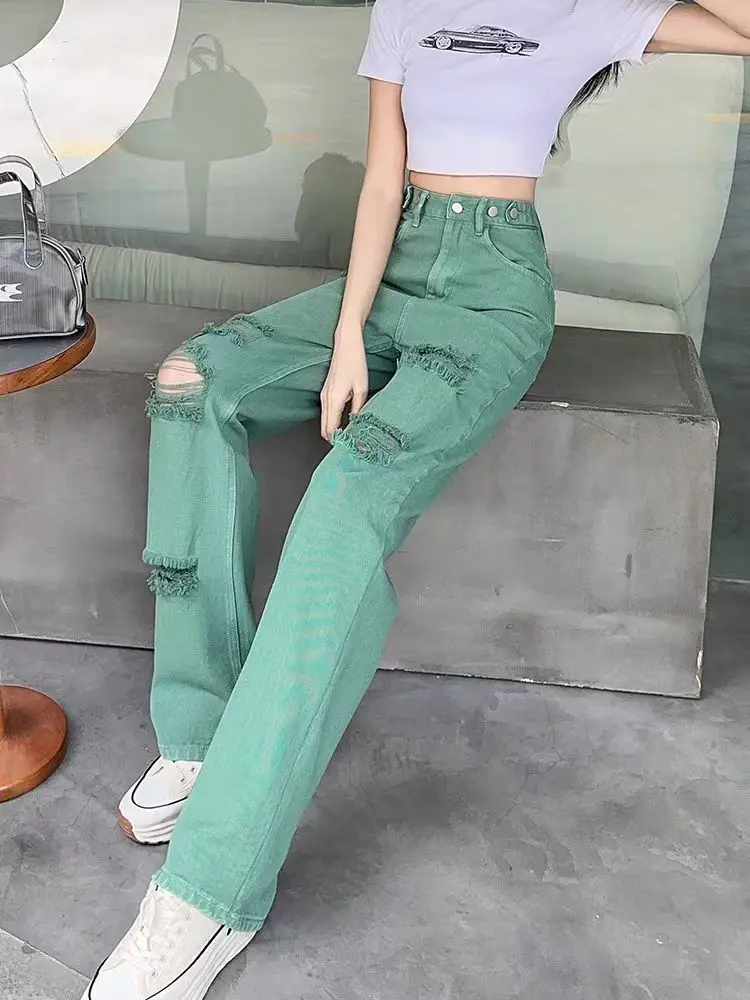 Ripped Trousers Straight Leg Women\'s with Holes Jeans Cowboy Pants for Woman Torn Green High Waist Shot 2025 Korean Style Unique