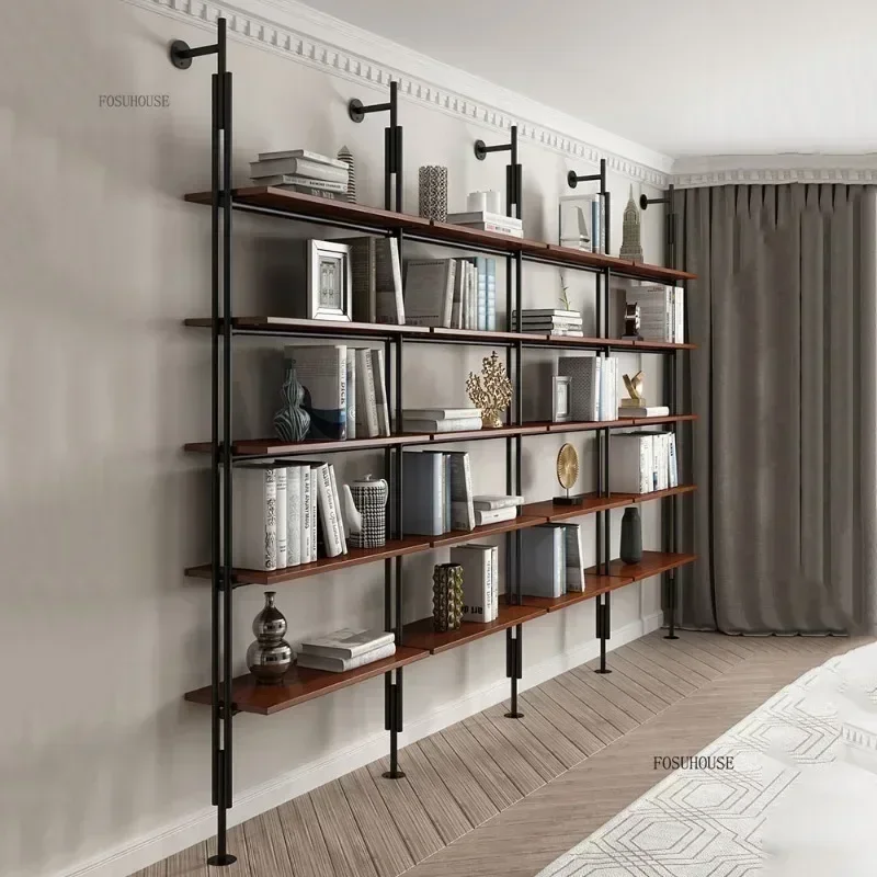 رف كتب فاخر من الخشب الصلب والحديد رف عرض مقسم خزانة الكتب الصناعية أثاث المكتبة رف كتب متعدد الطبقات r #4