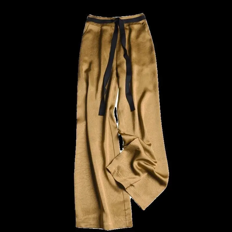 Ice Silk Acetate Khaki Loose Mid Waist Slimming Pants 2024 Straight Leg New Casual Explosive Casual Pants Pants