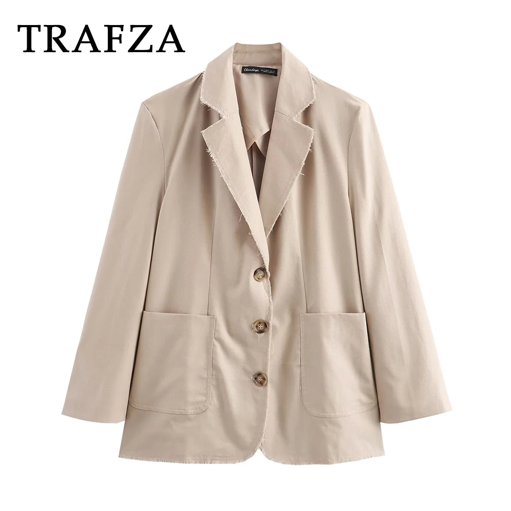 

TRAFZA 2024 Women Office Lady Solid Blazer Single Breasted Folds Jackets Turn-Down Collar Loose Pockets Women Fashion Blazer