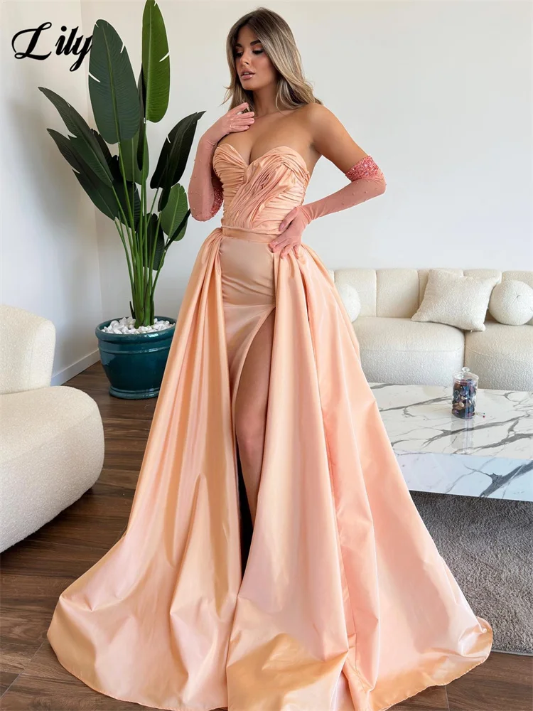 Lily Pink Sexy Sweetheart Evening Gown for Woman Sleeveless Pearls Mermaid Party Dress with Sequins Gloves Satin Slit Ball Gown