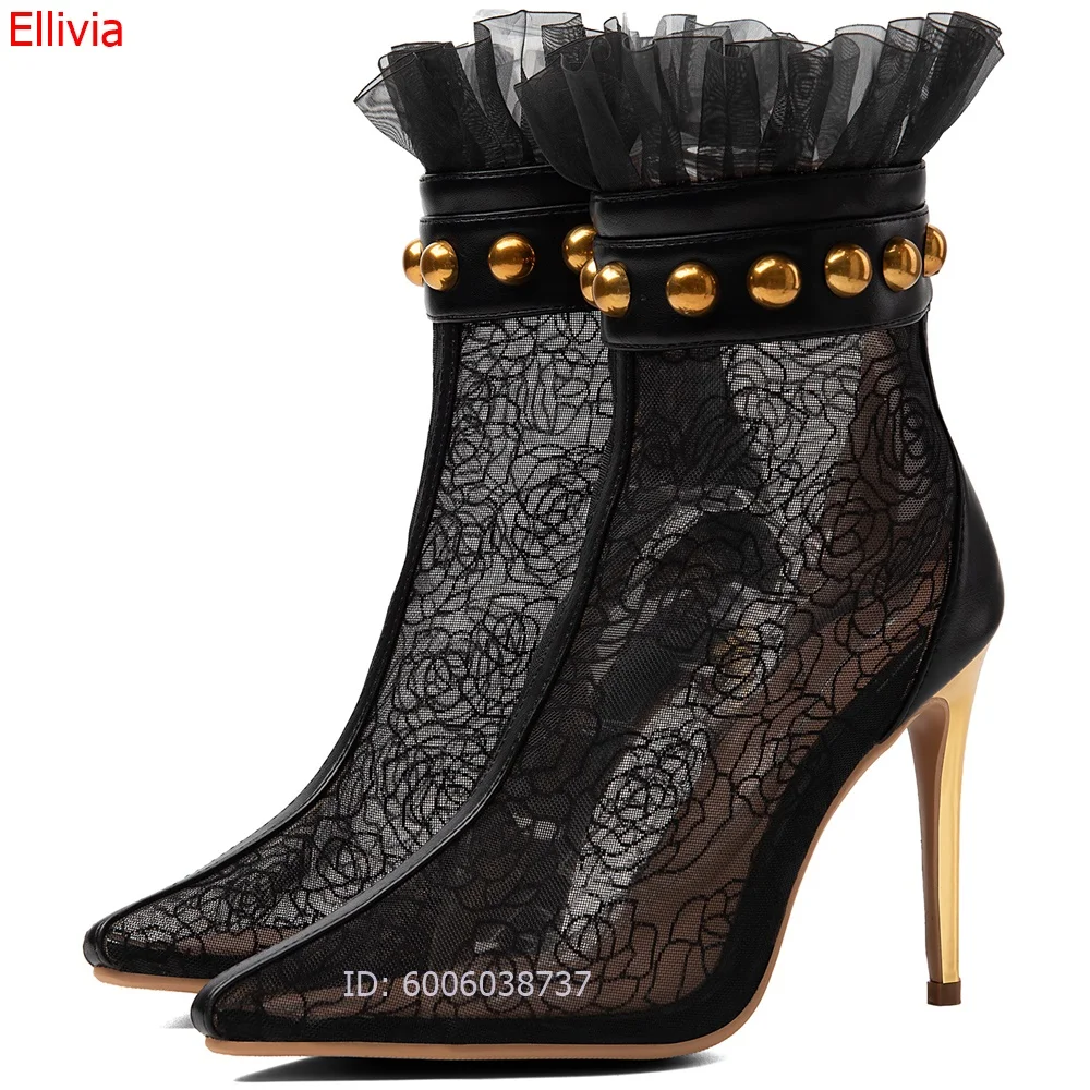 Women Black Lace Ankle Boots Pointed Toe Ruffle Mesh Boots Gold Rivet Stiletto High Heels Zipper Sexy Party Ladies Boots
