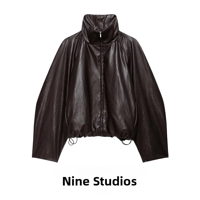 NINE ZAR Women's Fashion PU Leather Short Jacket High Collar Drawstring Loose Fit Zipper Closure Winter Outerwear 5063754