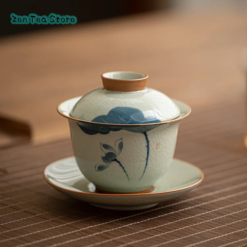 Vintage Hand-painted Covered Bowl Single Kung Fu Tea Set Tea Three Tea Cup Bowl Handmade Home Ceramic High-grade Not Hot