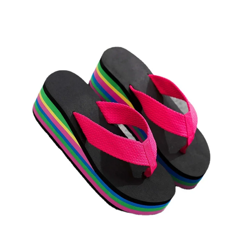 Fashion Women\'s Rainbow Thick Bottom Summer Slippers High-Heeled Colorful Flip Flops for Casual Beachwear Female Outdoor Shoes