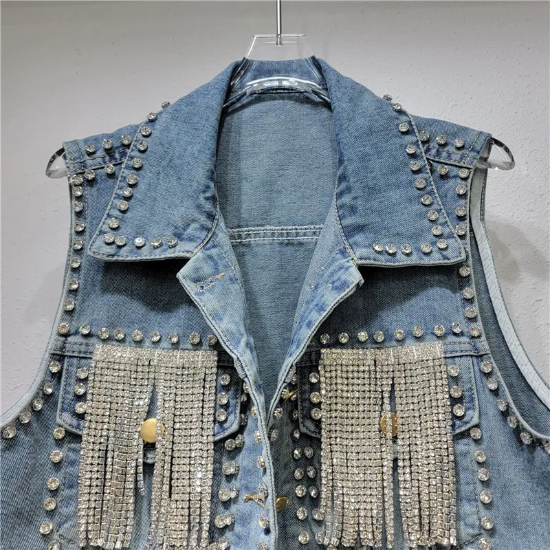 Imagem -03 - Moda Diamantes Corrente Borla Azul Curto Denim Colete Verão Feminino Bainha Irregular Lapela sem Mangas Cowboy Jaqueta Casual Veste Femme