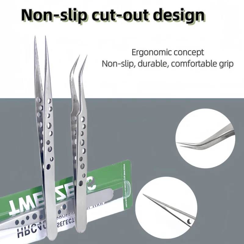 Stainless Steel Precision Perforated Tweezers with Pointed Elbows, Frosted and Glossy Nine Hole Tweezers