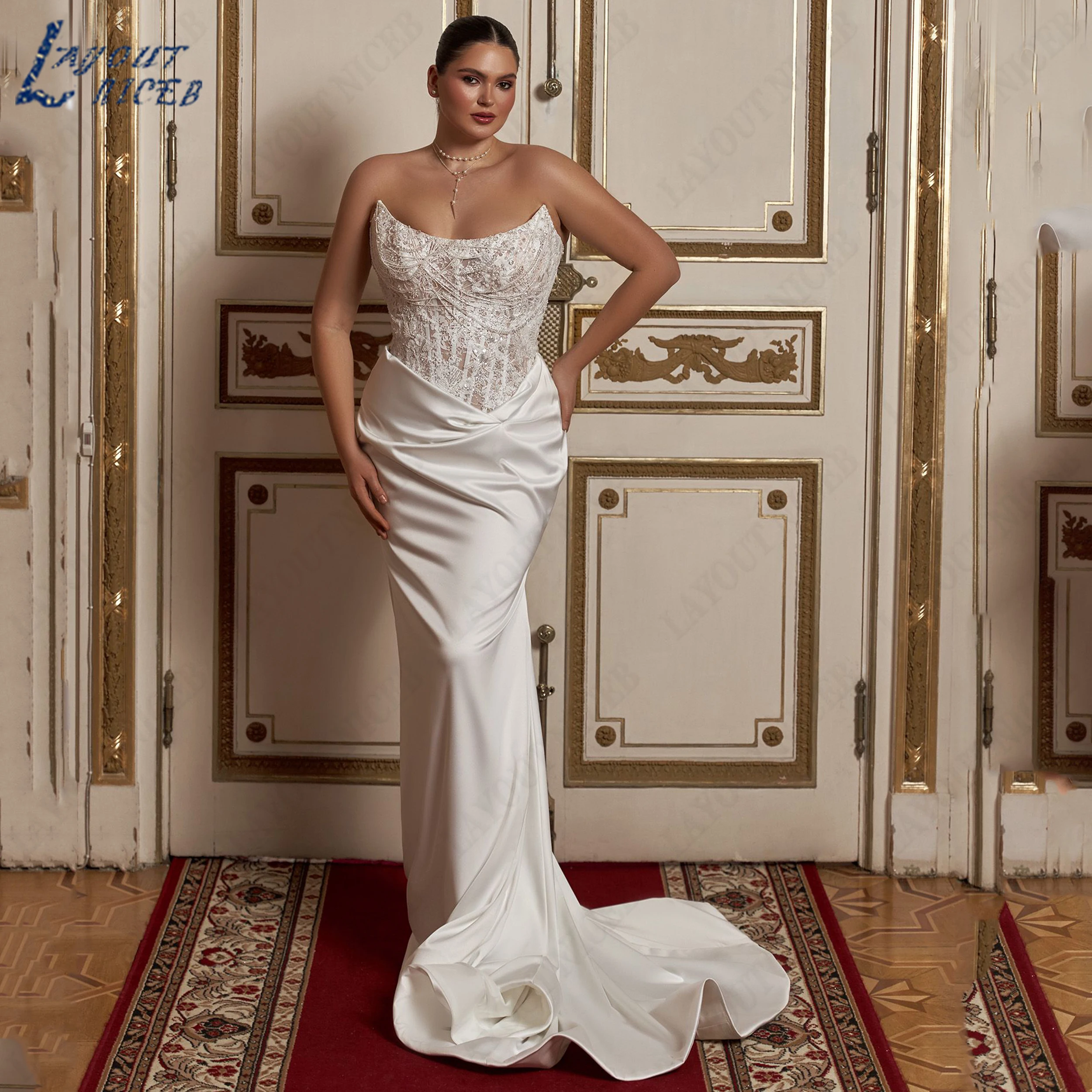 LAYOUT NICEB Customized Strapless Satin Wedding Dress Plus Size Mermaid Bridal Gown Sleevelss Beaded Sequin Bride Dresses