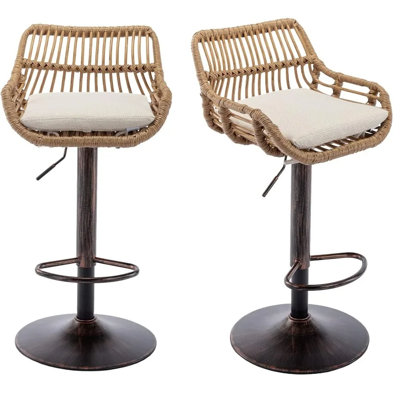 

Adjustable Barstools with Linen Cushion, 360° Swivel Bar Stool with Low Back & Footrest, Classical Barstool Set of 2