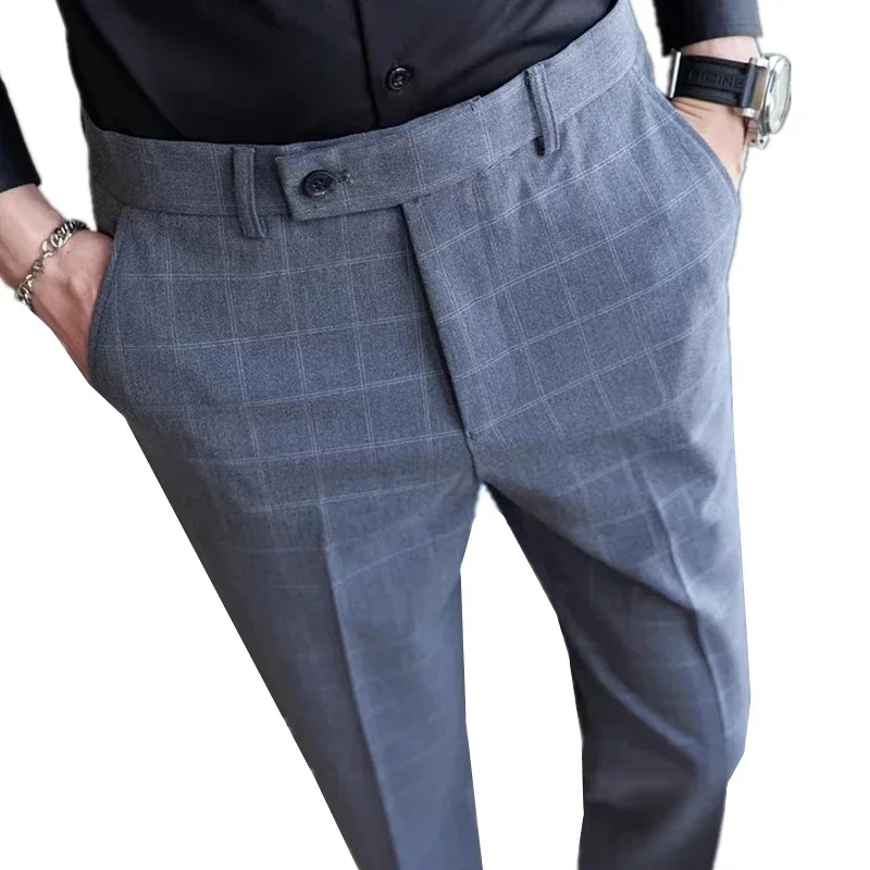 2024 New Gray Plaid Suit Pants Men, Fashionable Slim Streaks Trousers Korean Navy Blue Pantalones Hombre, 28-32,33,34,36,38