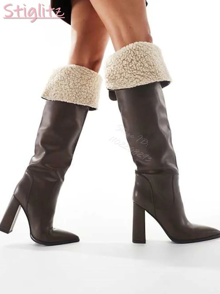 Faux Fur Square Heel Boots Solid Pointed Toe Knee-high Boots Polar Fleece Retro Women Warm Wool Winter New Fashion Shoes 2025