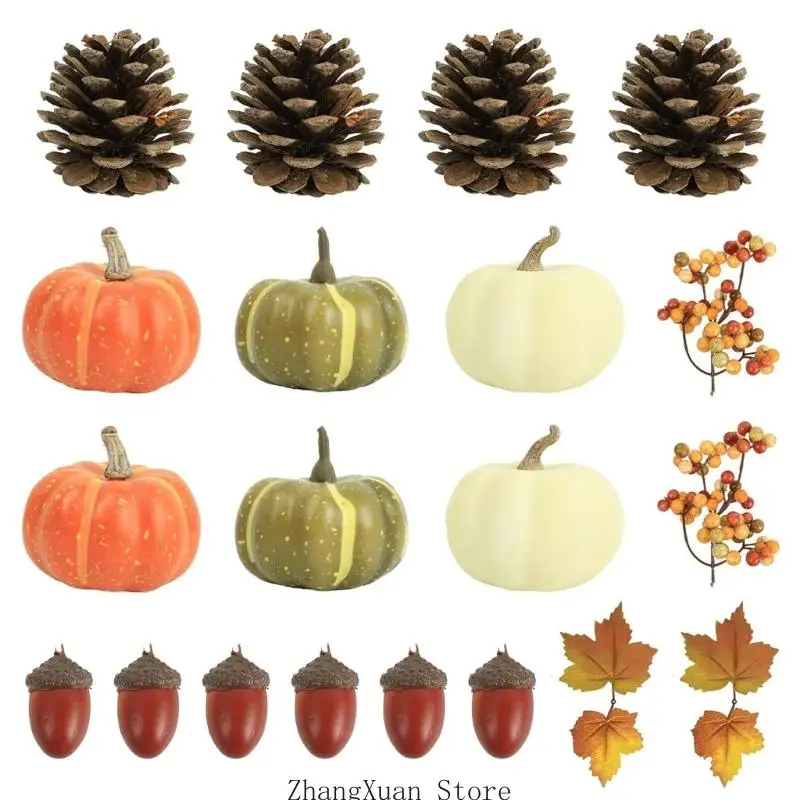 Saisonales Arrangement-Set für den Innenbereich mit künstlichen Kürbissen für die Regalpräsentation 3XUF – Detail 5