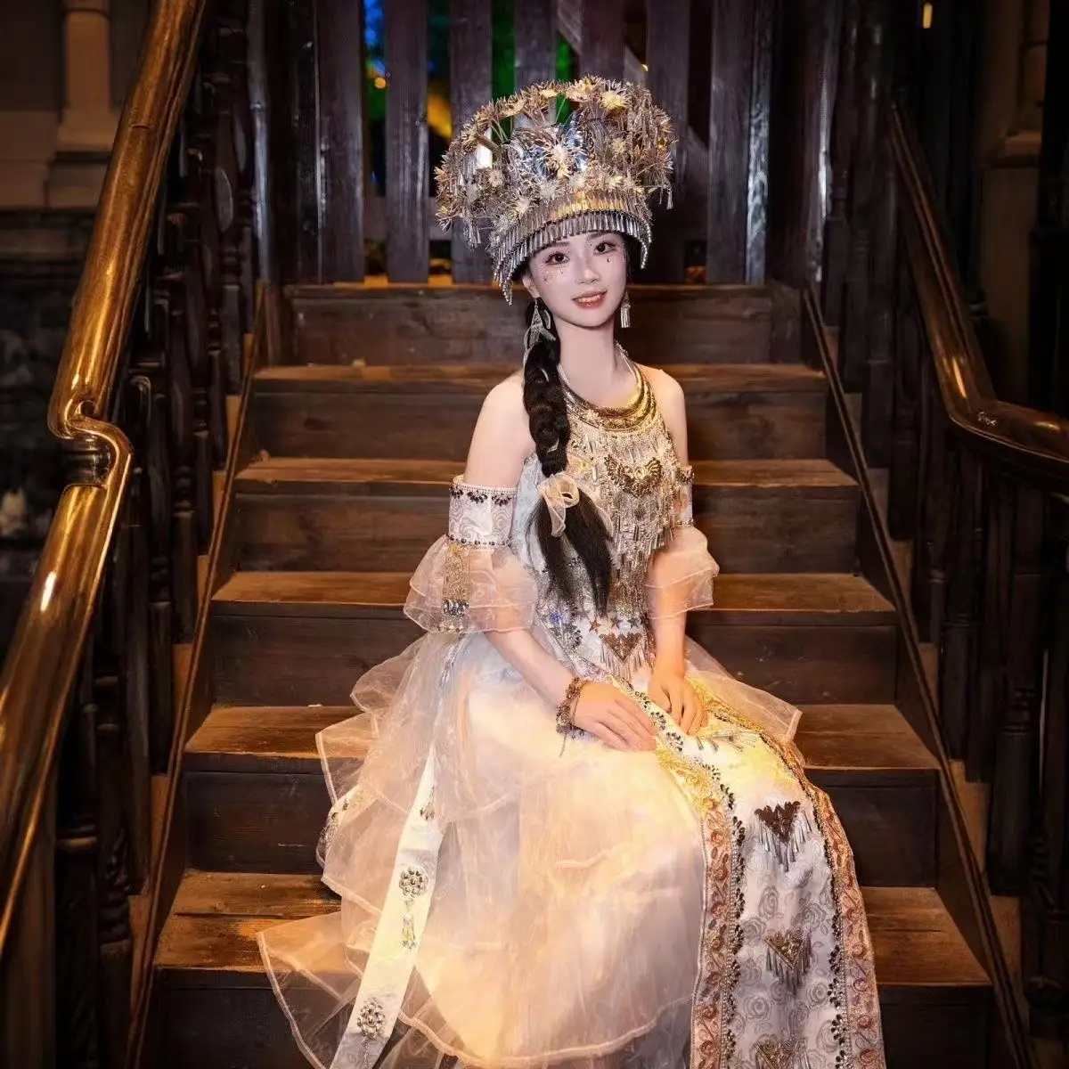 Women's Traditional Chinese Clothing National Style Party Stage Dance Dress Niche Female Outfits White Romantic Hmong Costume