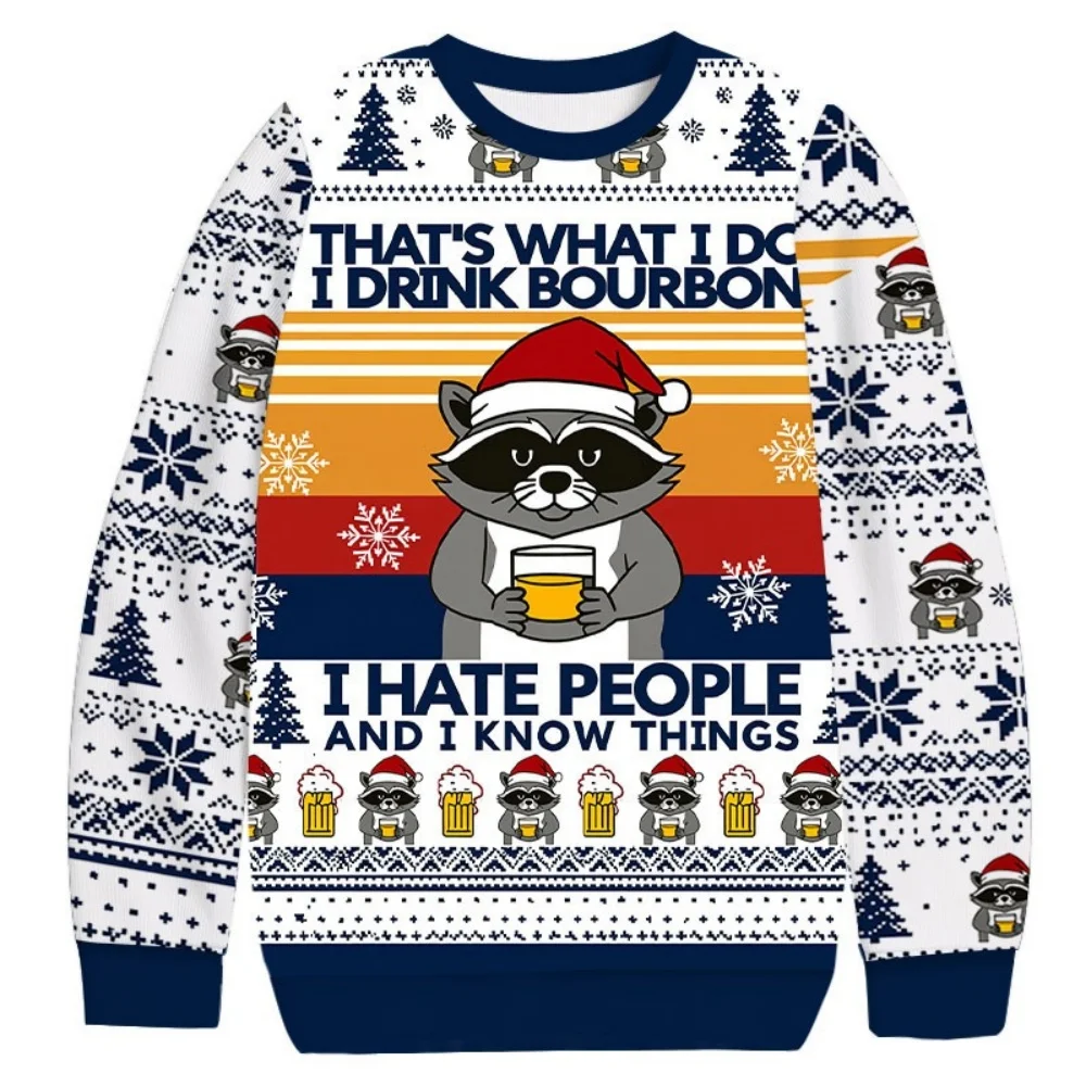 Świąteczne jesienne swetry modne codzienne luźne z długim rękawem okrągły dekolt Harajuku oversize'owe bluzy z motywem szopa pracza świąteczne tuniki