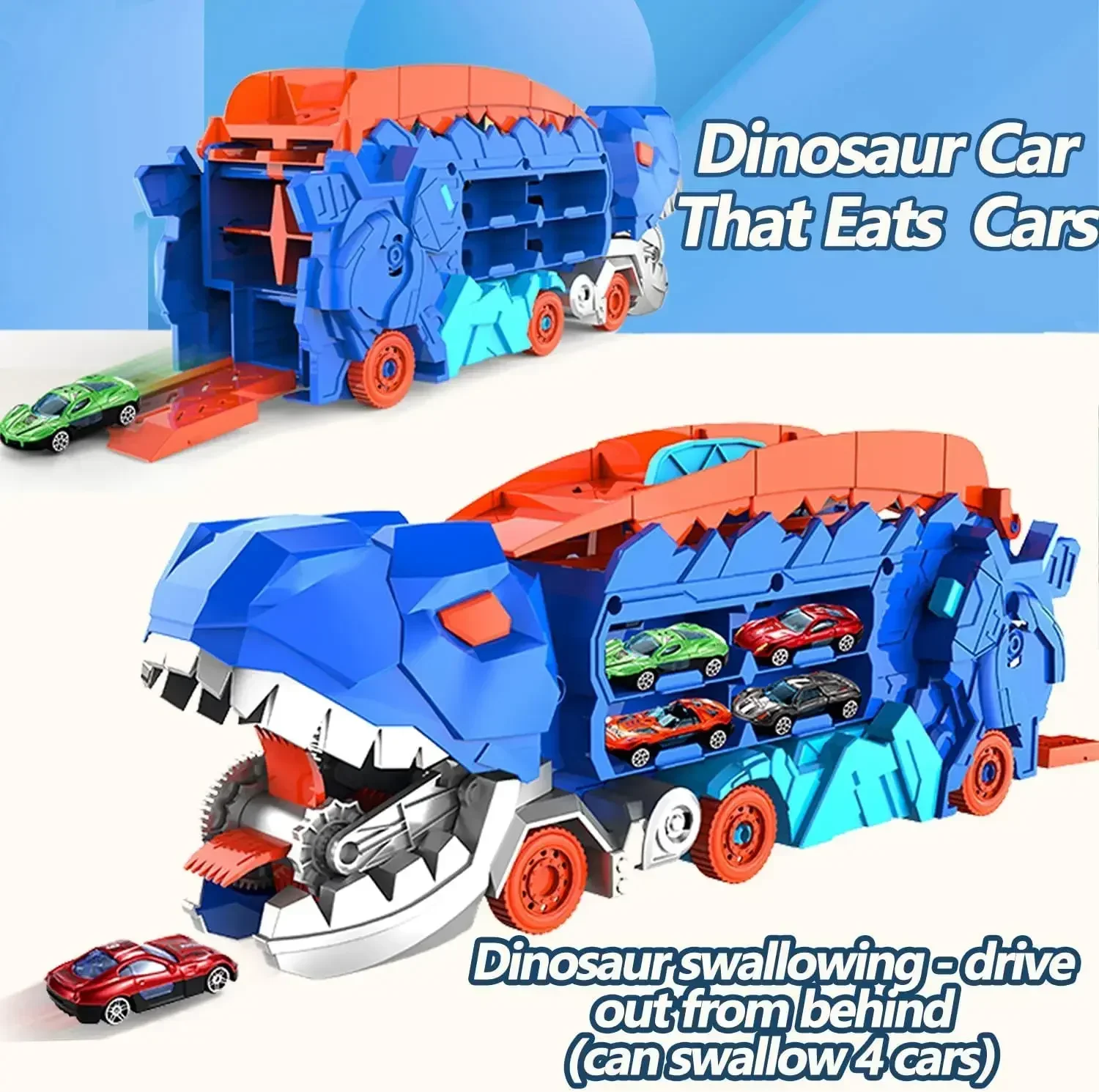 Transportieren Sie Dinosaurier-Truck mit faltbarem Stehen. Verwandelt die gleitende Rennstrecke. T-rex. Beste Geburtstagsgeschenke, Spielzeug für Jungen und Mädchen