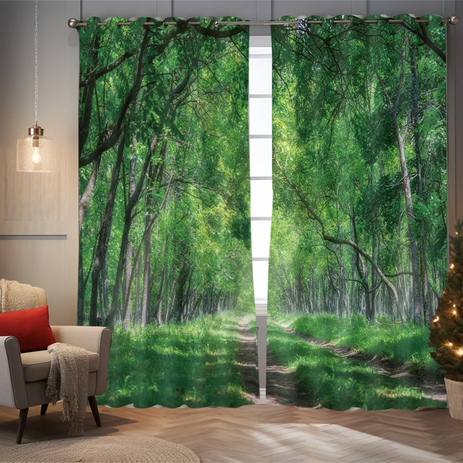 2 pieces of green forest tree pattern printed curtains, natural landscape decoration bedroom living room
