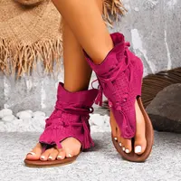 Women's Tassel Gladiator Sandals Thong Flip Flops Ankle Wrap Fringe Flat Heel Summer Beach Shoes
