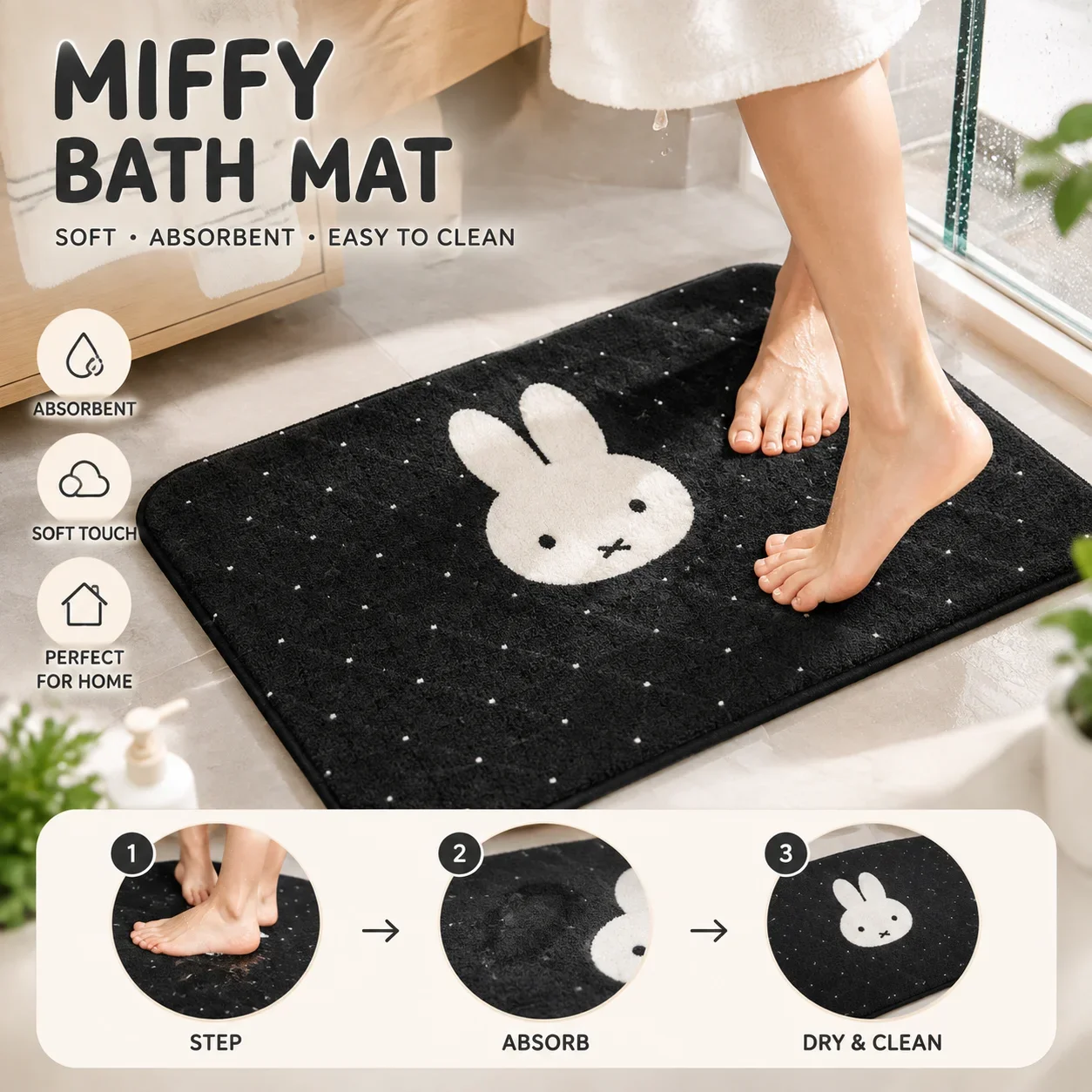 Simple Cute Miffy Rabbit Decor Bathroom Absorbent Foot Mat Home Entry Door Mat Dirt Resistant Non Slip Floor Carpet Area Rug