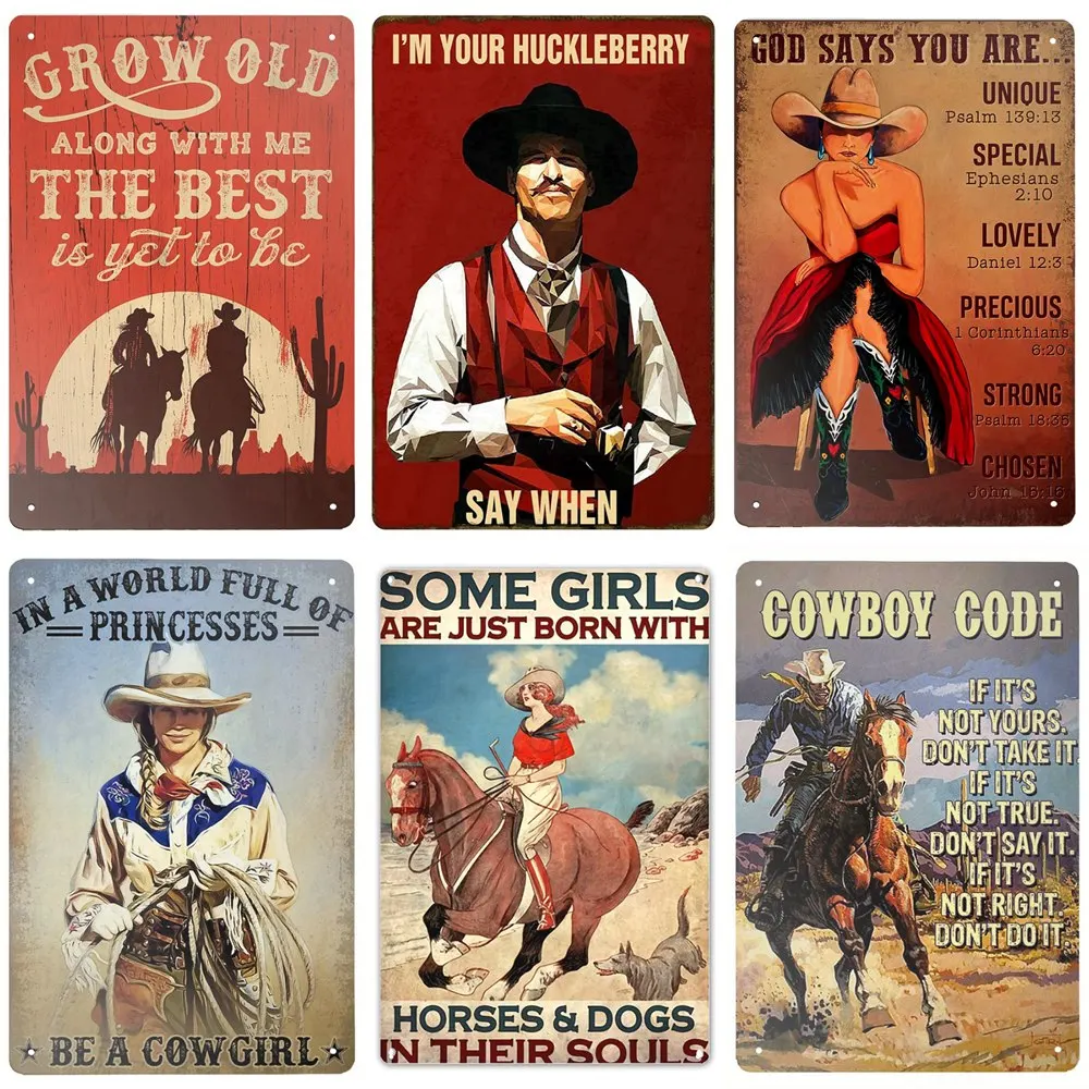 Sinal de lata de cowboy ocidental, eu sou seu huckleberry sinal de metal vintage, cartaz de arte de parede, sinal dominic para bar, garagem, café, decoração