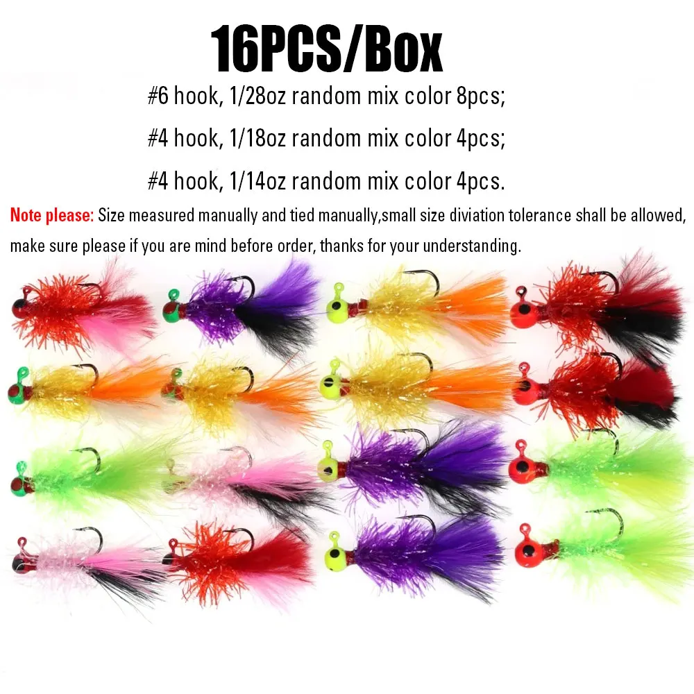 Wifreo 16PCS/Box Mix Mini Marabou Crappie Jig Pan Fish Fishing Jigs Ice Fishing Lures for Bluegill Fishing Hook 6 4 in Lure Box