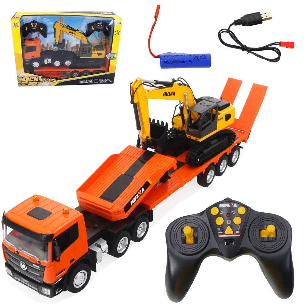 2024 New Product 1:24 Simulation Nine Channel Remote-controlled Flatbed Trailer+excavator Children's Toys And Youth Gifts