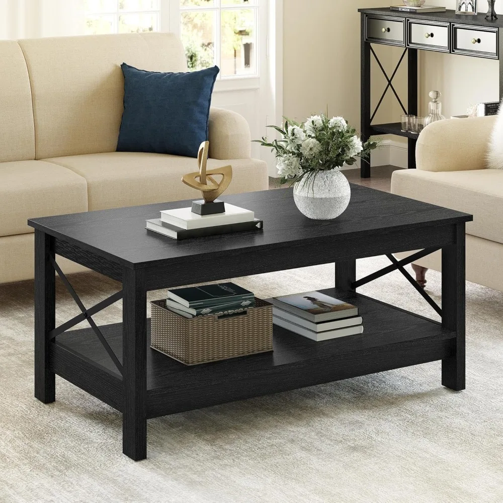 

Coffee Table for Living Room, Modern Farmhouse Coffee with Storage, 2-Tier Center Wood Living Room Table Accent Coc