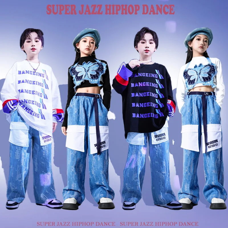 

Teenage Girl Boys Hip Hop Clothing Oversize SweatshirtTops Denim Cargo Pants Streetwear for Kids Jazz Dance Costumes Clothes