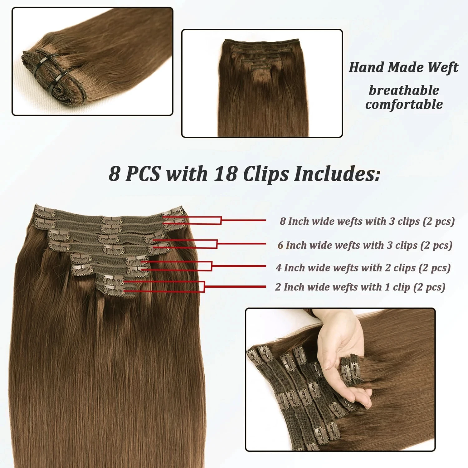 Grampo reto em extensões do cabelo, cor marrom clara, grampos do cabelo humano do Virgin, trama principal da pele, 16-26 dentro, #8, 120g pelo grupo