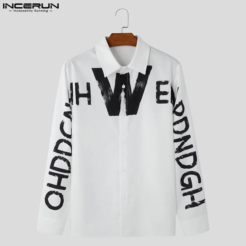 Handsome Well Fitting Tops INCERUN 2024 Men\'s Fashion English Letter Pattern Shirts Casual Clubwear Hot Sale Long Sleeved Blouse