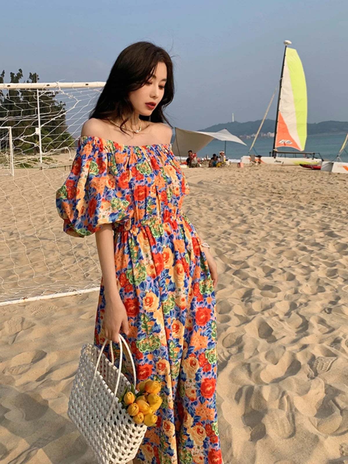 Thailand Tourism in Xishuangbax Wear Vacation Skirt off-Shoulder Bubble Sleeve Retro Dress for Women Seaside Beach