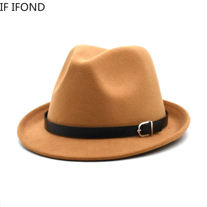 European Classical felt Fedoras Hat for Men Women Cowboy Trilby Cap Homburg Church Jazz Hat with Belt