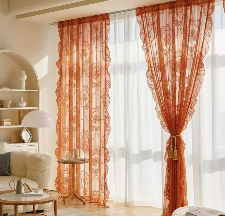 Burnt Orange Peony Floral Lace Sheer Curtains Ruffled Edge Rod Pocket Voile Drapes for Farmhouse Bedroom Living Room Window Deco