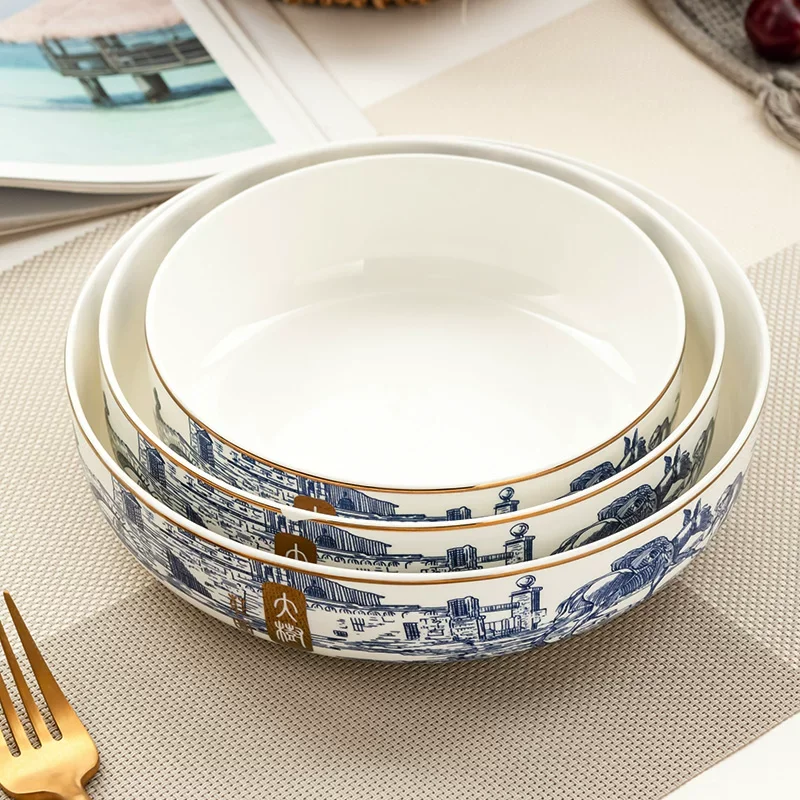 Conjunto de 3 peças, 6+7+8 polegadas, conjunto de pratos para massa em porcelana fina, design com pintura chinesa, pratos estéticos de porcelana, prato de servir para salada.