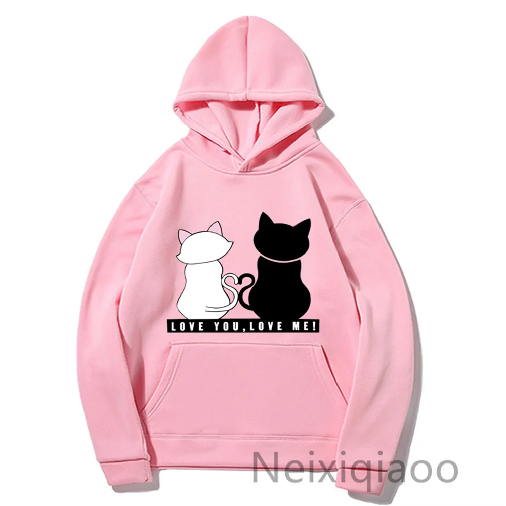 Plus Size Black And White Cat Couple Sweater Print Hoodie Women Men Autumn Winter Fleece Warm Long Sleeve Basic Female Pullover