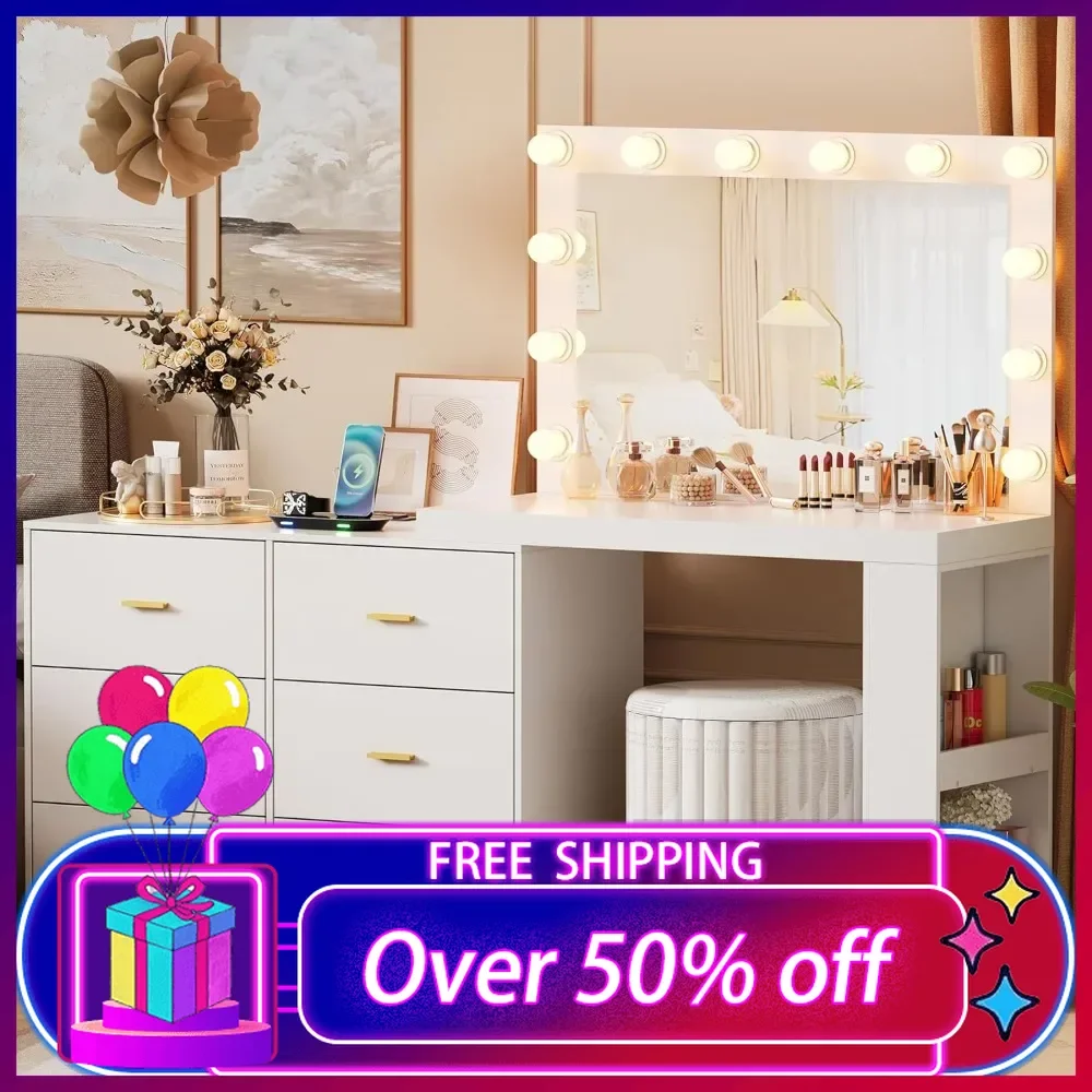 Vanity with Dresser,Makeup Vanity Desk with Mirror and 3-Color Lights,Dressing Table with Drawers,Charging Station,White